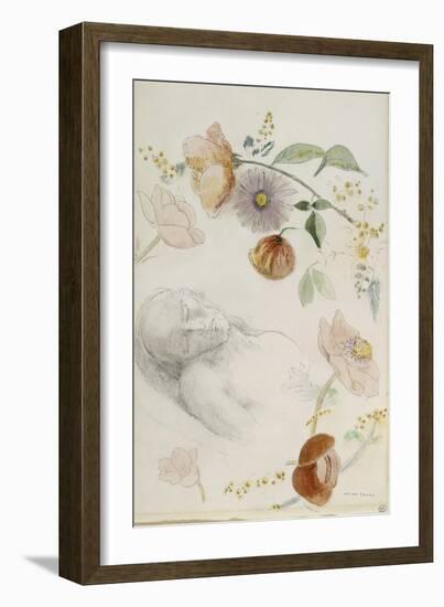 Bust of Man with Eyes Closed, Surrounded by Flowers-Odilon Redon-Framed Giclee Print