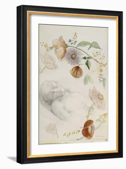 Bust of Man with Eyes Closed, Surrounded by Flowers-Odilon Redon-Framed Giclee Print