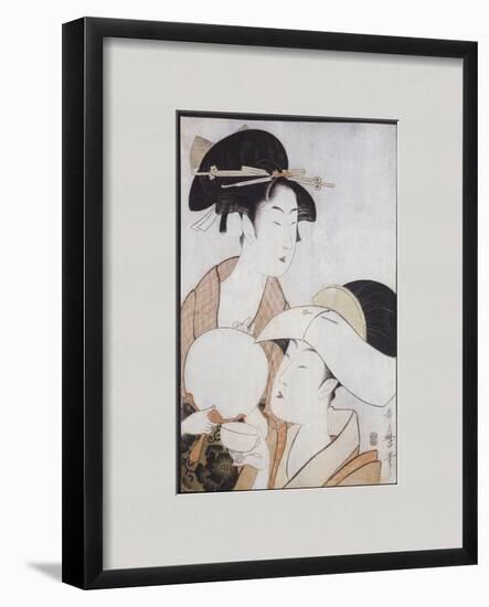 Bust Portrait of Two Women, One Holding a Fan, the Other with a Head Cover Holding a Tea Cup-Kitagawa Utamaro-Framed Giclee Print