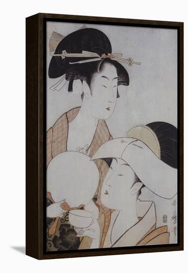 Bust Portrait of Two Women, One Holding a Fan, the Other with a Head Cover Holding a Tea Cup-Kitagawa Utamaro-Framed Premier Image Canvas