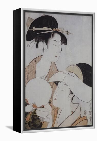 Bust Portrait of Two Women, One Holding a Fan, the Other with a Head Cover Holding a Tea Cup-Kitagawa Utamaro-Framed Premier Image Canvas