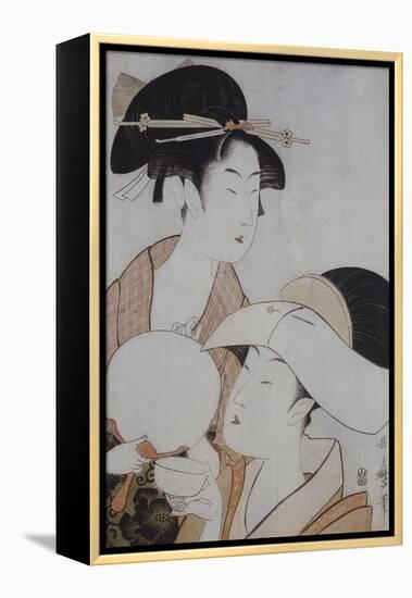 Bust Portrait of Two Women, One Holding a Fan, the Other with a Head Cover Holding a Tea Cup-Kitagawa Utamaro-Framed Premier Image Canvas