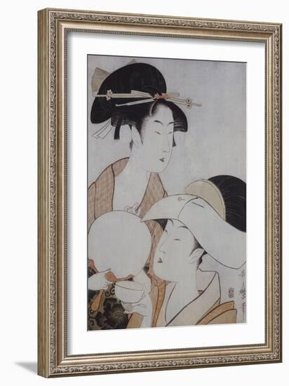 Bust Portrait of Two Women, One Holding a Fan, the Other with a Head Cover Holding a Tea Cup-Kitagawa Utamaro-Framed Giclee Print