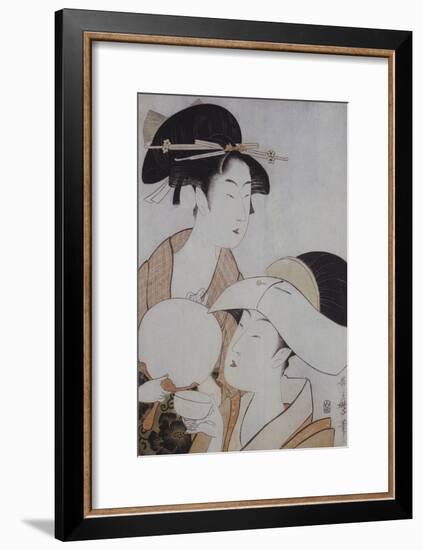 Bust Portrait of Two Women, One Holding a Fan, the Other with a Head Cover Holding a Tea Cup-Kitagawa Utamaro-Framed Giclee Print