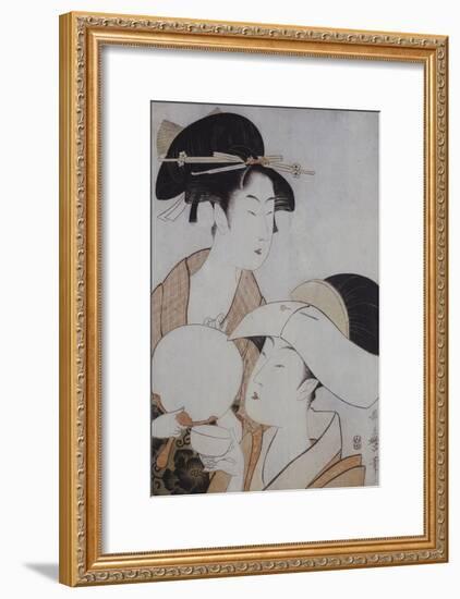Bust Portrait of Two Women, One Holding a Fan, the Other with a Head Cover Holding a Tea Cup-Kitagawa Utamaro-Framed Giclee Print