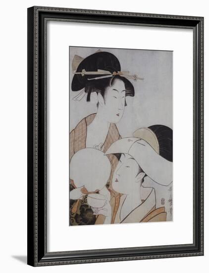 Bust Portrait of Two Women, One Holding a Fan, the Other with a Head Cover Holding a Tea Cup-Kitagawa Utamaro-Framed Giclee Print