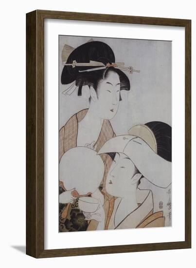 Bust Portrait of Two Women, One Holding a Fan, the Other with a Head Cover Holding a Tea Cup-Kitagawa Utamaro-Framed Giclee Print