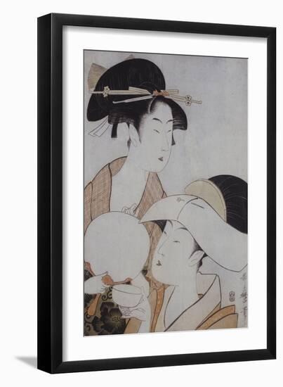 Bust Portrait of Two Women, One Holding a Fan, the Other with a Head Cover Holding a Tea Cup-Kitagawa Utamaro-Framed Giclee Print