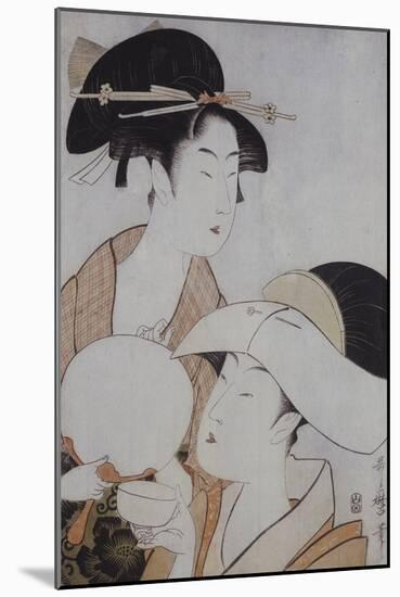 Bust Portrait of Two Women, One Holding a Fan, the Other with a Head Cover Holding a Tea Cup-Kitagawa Utamaro-Mounted Giclee Print