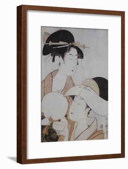 Bust Portrait of Two Women, One Holding a Fan, the Other with a Head Cover Holding a Tea Cup-Kitagawa Utamaro-Framed Giclee Print