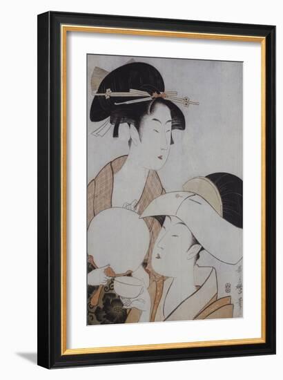 Bust Portrait of Two Women, One Holding a Fan, the Other with a Head Cover Holding a Tea Cup-Kitagawa Utamaro-Framed Giclee Print