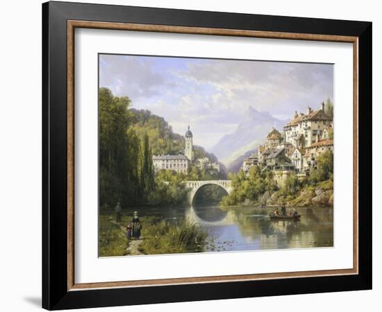 Busy Riverside Village, c.1883-Charles Kuwasseg-Framed Giclee Print