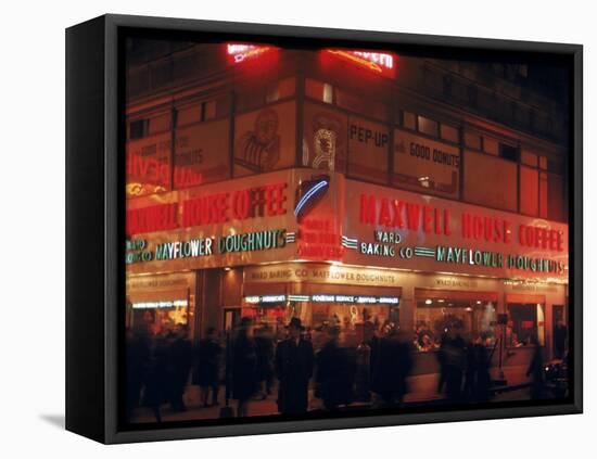 Busy Street Corner of Maxwell House and Mayflower Doughnuts Restaurant-Andreas Feininger-Framed Premier Image Canvas