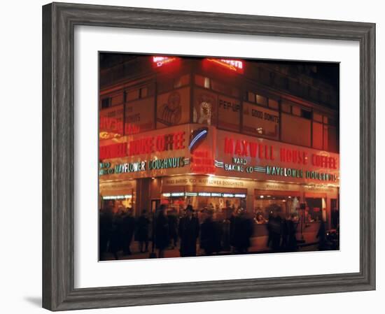 Busy Street Corner of Maxwell House and Mayflower Doughnuts Restaurant-Andreas Feininger-Framed Photographic Print