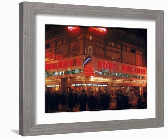 Busy Street Corner of Maxwell House and Mayflower Doughnuts Restaurant-Andreas Feininger-Framed Photographic Print