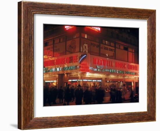 Busy Street Corner of Maxwell House and Mayflower Doughnuts Restaurant-Andreas Feininger-Framed Photographic Print