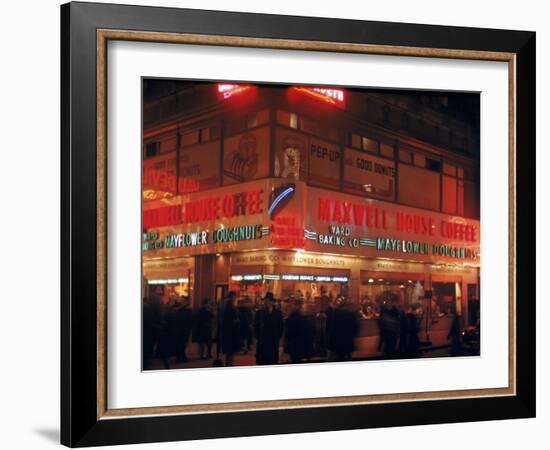 Busy Street Corner of Maxwell House and Mayflower Doughnuts Restaurant-Andreas Feininger-Framed Photographic Print