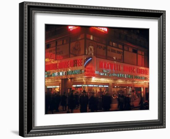 Busy Street Corner of Maxwell House and Mayflower Doughnuts Restaurant-Andreas Feininger-Framed Photographic Print