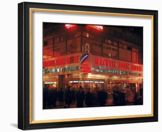 Busy Street Corner of Maxwell House and Mayflower Doughnuts Restaurant-Andreas Feininger-Framed Photographic Print