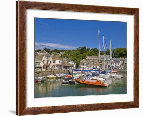 Busy Tourist Shops, Small Boats and Yachts at High Tide in Padstow Harbour, North Cornwall, England-Neale Clark-Framed Photographic Print