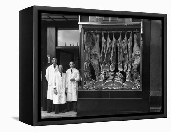 Butchers Standing Next to their Shop Window Display, South Yorkshire, 1955-Michael Walters-Framed Premier Image Canvas