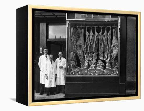 Butchers Standing Next to their Shop Window Display, South Yorkshire, 1955-Michael Walters-Framed Premier Image Canvas