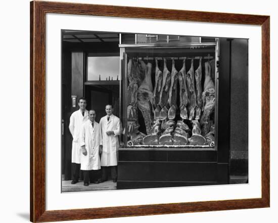 Butchers Standing Next to their Shop Window Display, South Yorkshire, 1955-Michael Walters-Framed Photographic Print
