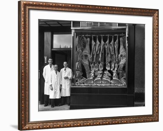 Butchers Standing Next to their Shop Window Display, South Yorkshire, 1955-Michael Walters-Framed Photographic Print