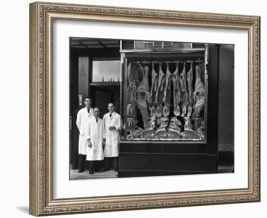 Butchers Standing Next to their Shop Window Display, South Yorkshire, 1955-Michael Walters-Framed Photographic Print