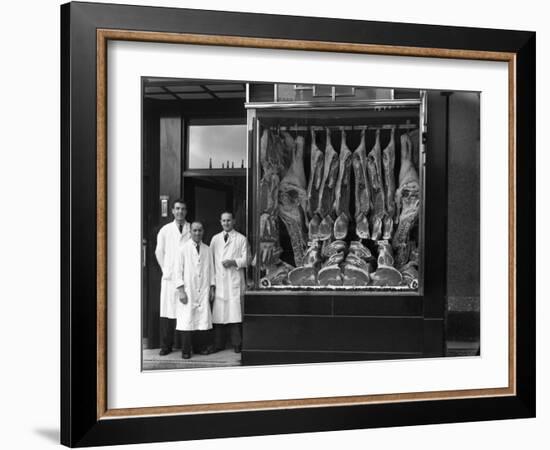 Butchers Standing Next to their Shop Window Display, South Yorkshire, 1955-Michael Walters-Framed Photographic Print