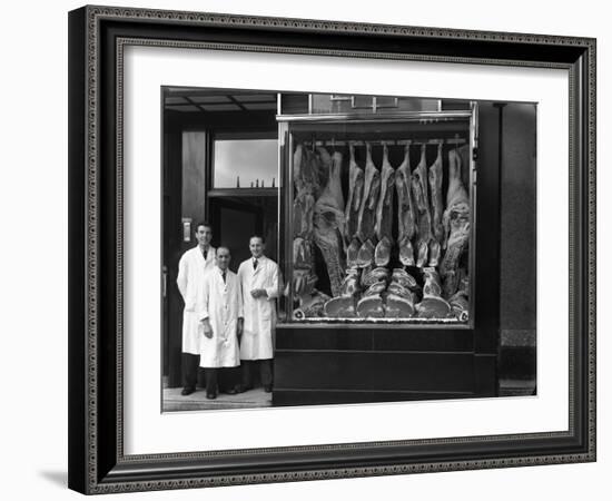 Butchers Standing Next to their Shop Window Display, South Yorkshire, 1955-Michael Walters-Framed Photographic Print