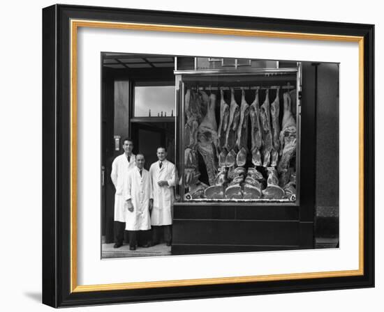 Butchers Standing Next to their Shop Window Display, South Yorkshire, 1955-Michael Walters-Framed Photographic Print