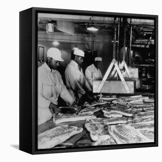 Butchers Trimming Pork Bellies for Bacon at Swift Meat Packing Packington Plant-Margaret Bourke-White-Framed Premier Image Canvas