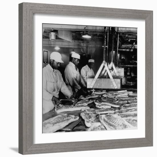 Butchers Trimming Pork Bellies for Bacon at Swift Meat Packing Packington Plant-Margaret Bourke-White-Framed Photographic Print