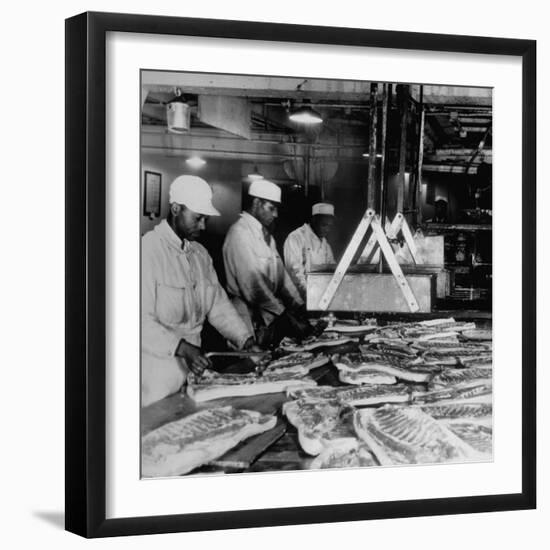 Butchers Trimming Pork Bellies for Bacon at Swift Meat Packing Packington Plant-Margaret Bourke-White-Framed Photographic Print
