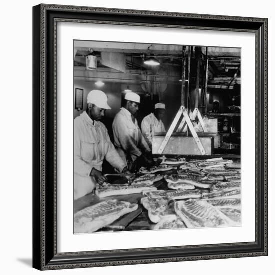 Butchers Trimming Pork Bellies for Bacon at Swift Meat Packing Packington Plant-Margaret Bourke-White-Framed Photographic Print