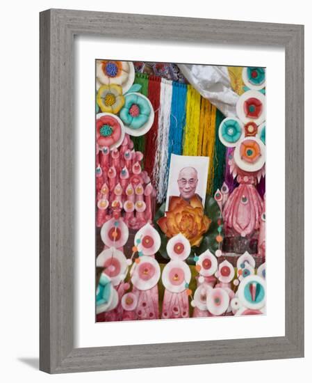 Butter Sculptures Suround Photo of the Dalai Lama, Kathok Wodsallin Gompa, Yuksam, Sikkim, India-Jane Sweeney-Framed Photographic Print