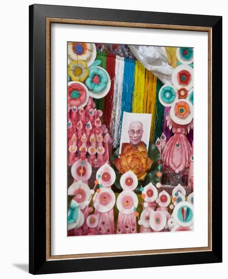 Butter Sculptures Suround Photo of the Dalai Lama, Kathok Wodsallin Gompa, Yuksam, Sikkim, India-Jane Sweeney-Framed Photographic Print