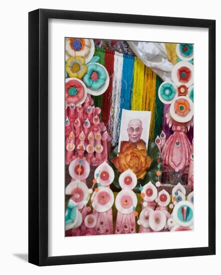 Butter Sculptures Suround Photo of the Dalai Lama, Kathok Wodsallin Gompa, Yuksam, Sikkim, India-Jane Sweeney-Framed Photographic Print