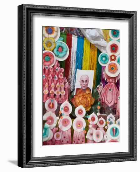 Butter Sculptures Suround Photo of the Dalai Lama, Kathok Wodsallin Gompa, Yuksam, Sikkim, India-Jane Sweeney-Framed Photographic Print