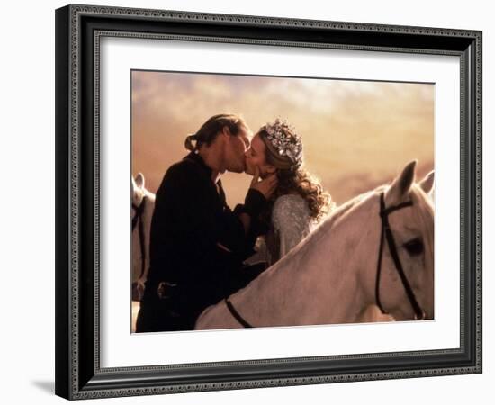 Buttercup and Westley Kissing on Horseback-null-Framed Photo