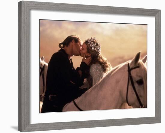 Buttercup and Westley Kissing on Horseback-null-Framed Photo