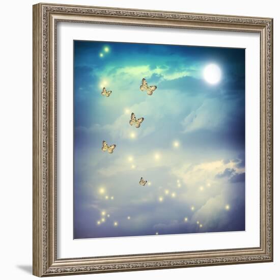 Butterflies In A Fantasy Moonligt Landscape-Melpomene-Framed Art Print