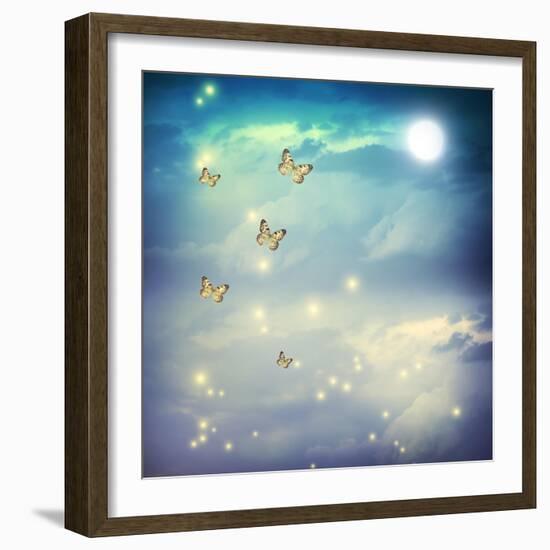 Butterflies In A Fantasy Moonligt Landscape-Melpomene-Framed Art Print