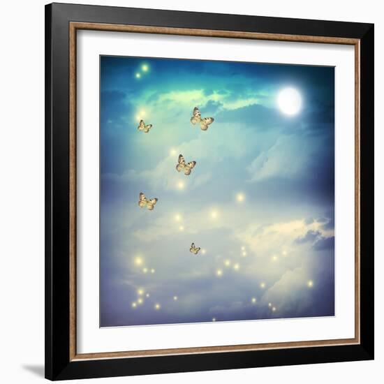 Butterflies In A Fantasy Moonligt Landscape-Melpomene-Framed Art Print