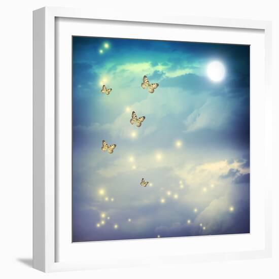 Butterflies In A Fantasy Moonligt Landscape-Melpomene-Framed Art Print