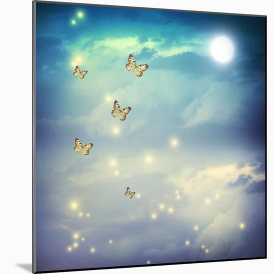 Butterflies In A Fantasy Moonligt Landscape-Melpomene-Mounted Art Print