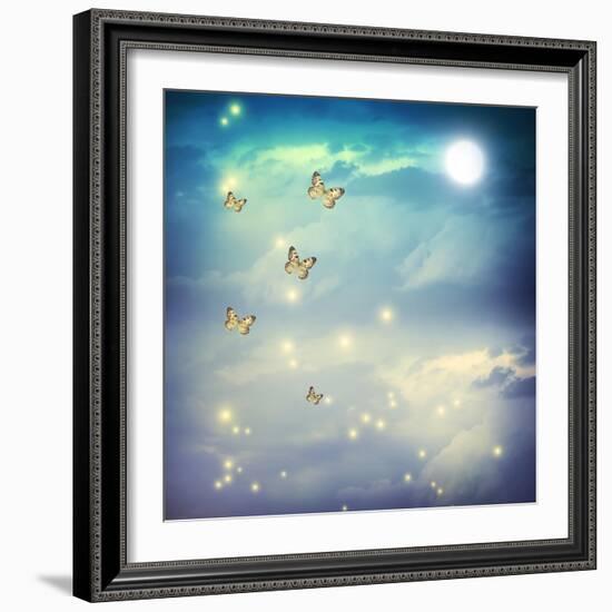 Butterflies In A Fantasy Moonligt Landscape-Melpomene-Framed Art Print