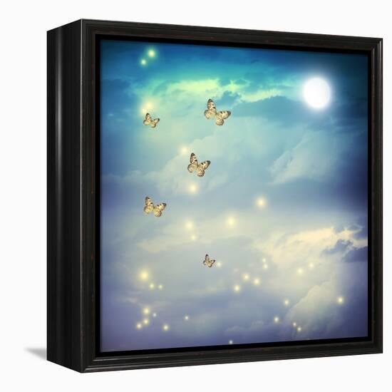 Butterflies In A Fantasy Moonligt Landscape-Melpomene-Framed Stretched Canvas