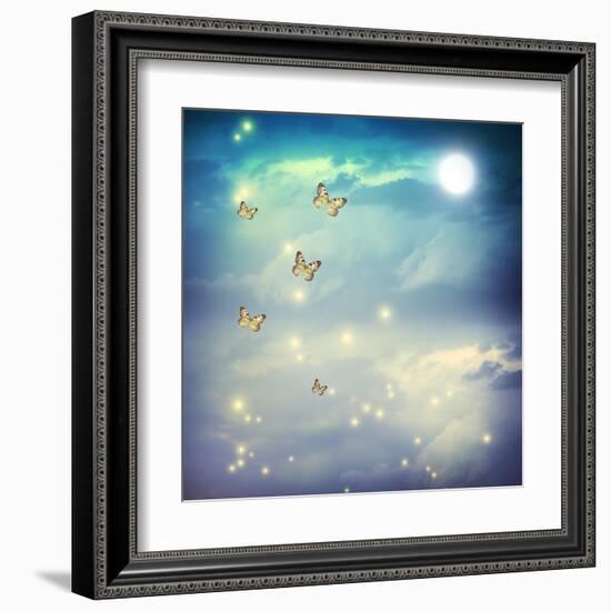 Butterflies In A Fantasy Moonligt Landscape-Melpomene-Framed Art Print